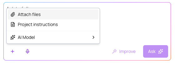 The menu options for the plus icon in the prompt toolbar