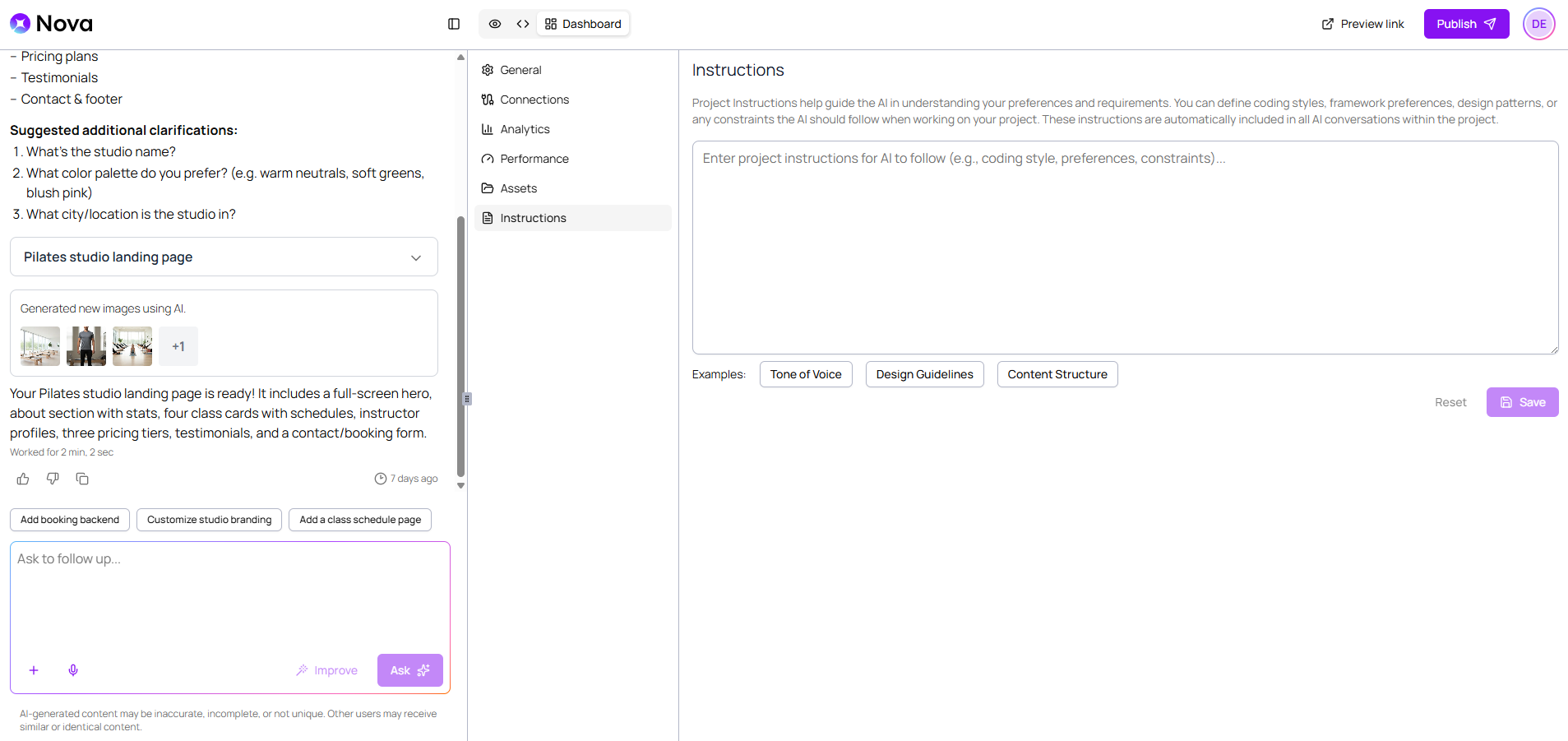 Project instructions in the Dashboard