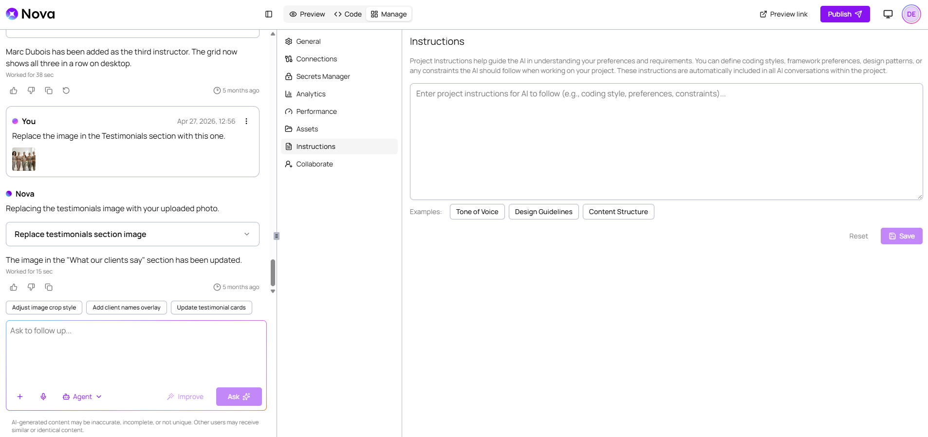 Project instructions in the Manage menu