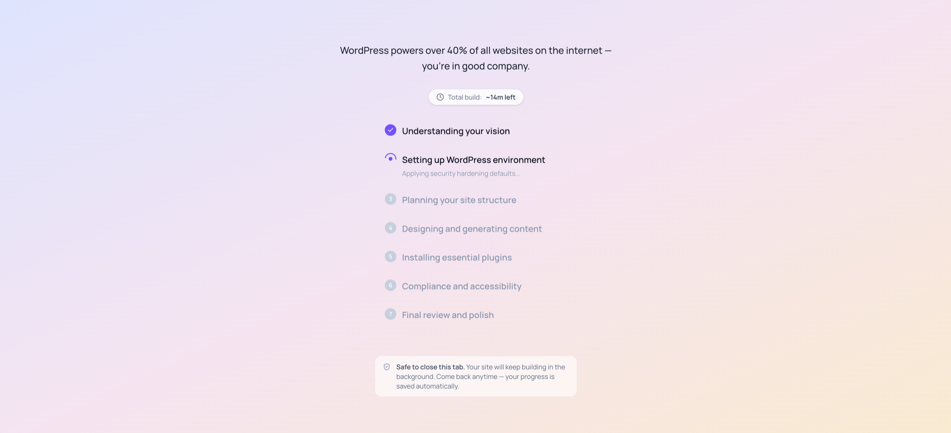 Nova for WordPress showing the build steps in progress
