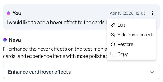 The menu options for prompts in the chat panel
