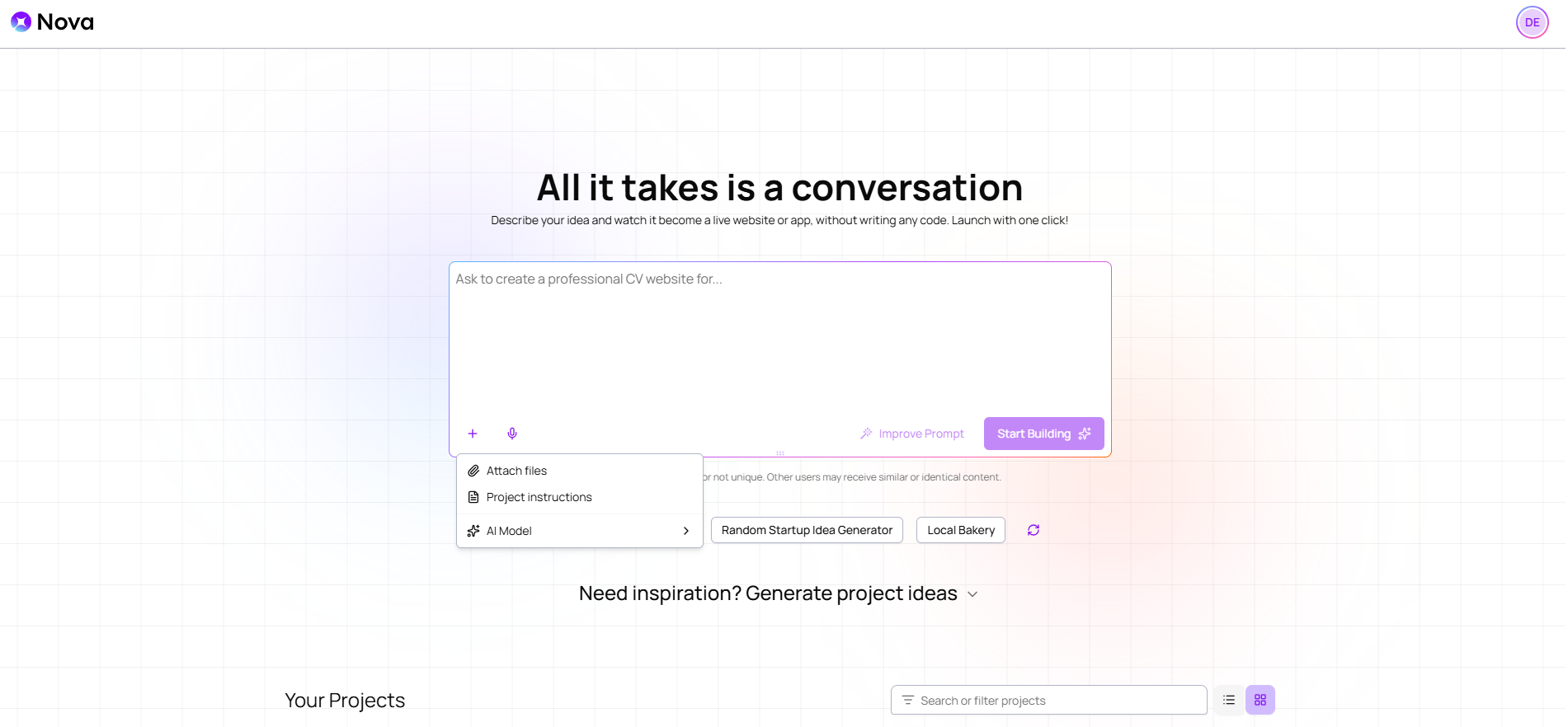 The plus icon options in the initial prompt text box when starting a Nova project