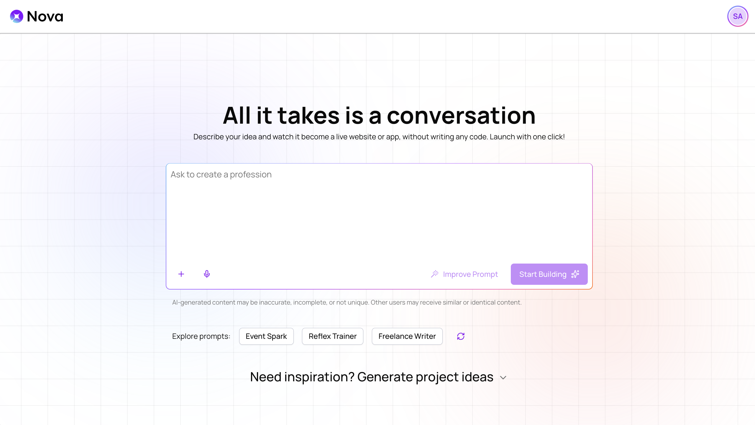 The initial prompt text box when starting a Nova project