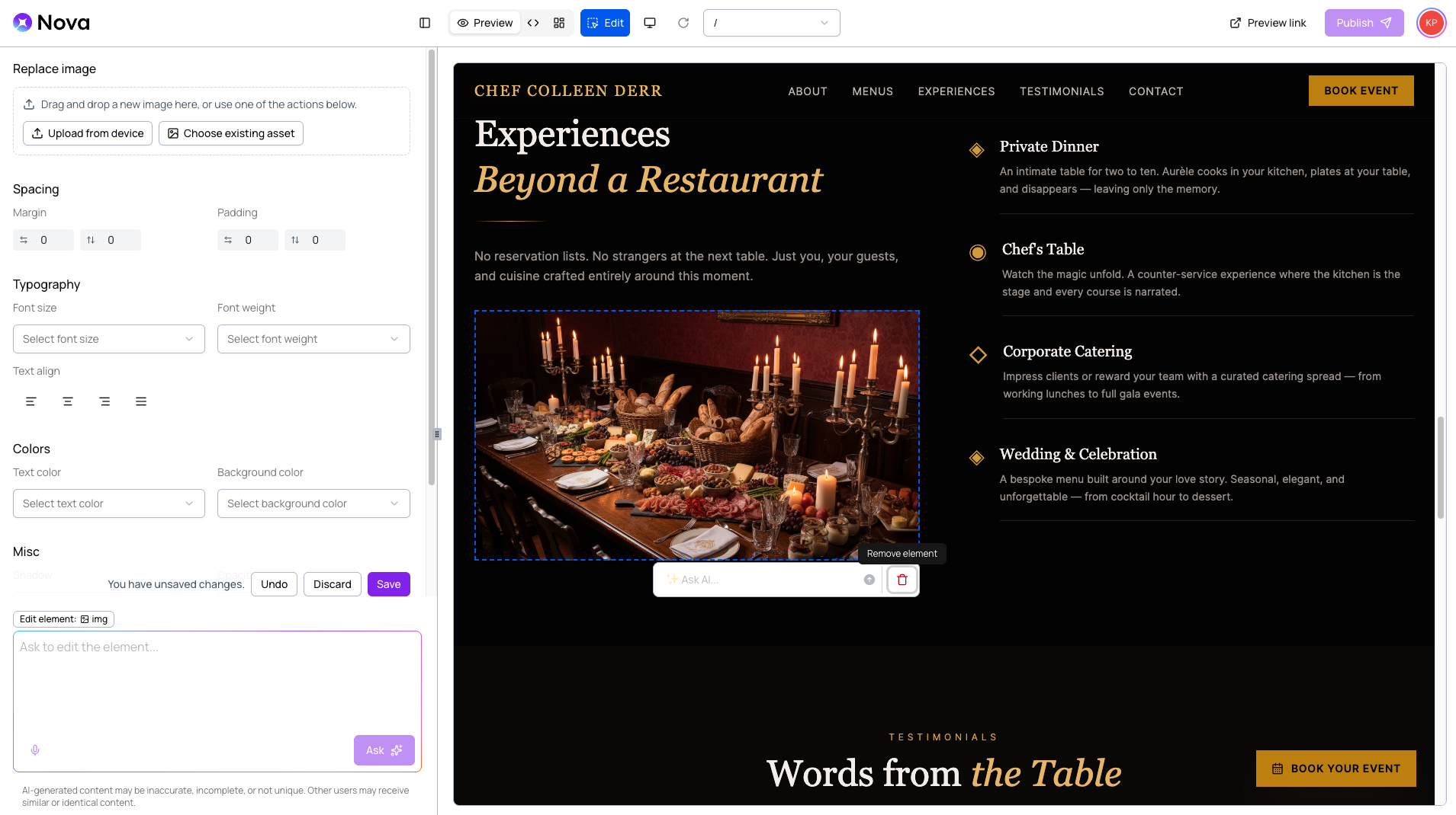 Edit Mode with an image element selected and the style panel showing Replace image options