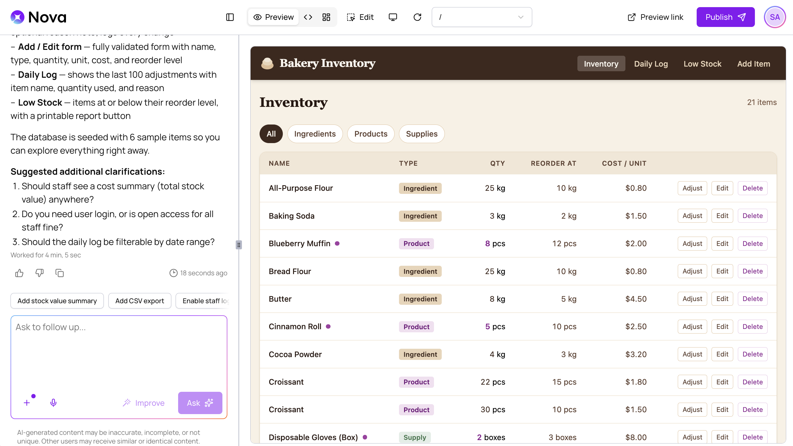 The preview panel showing the generated web app