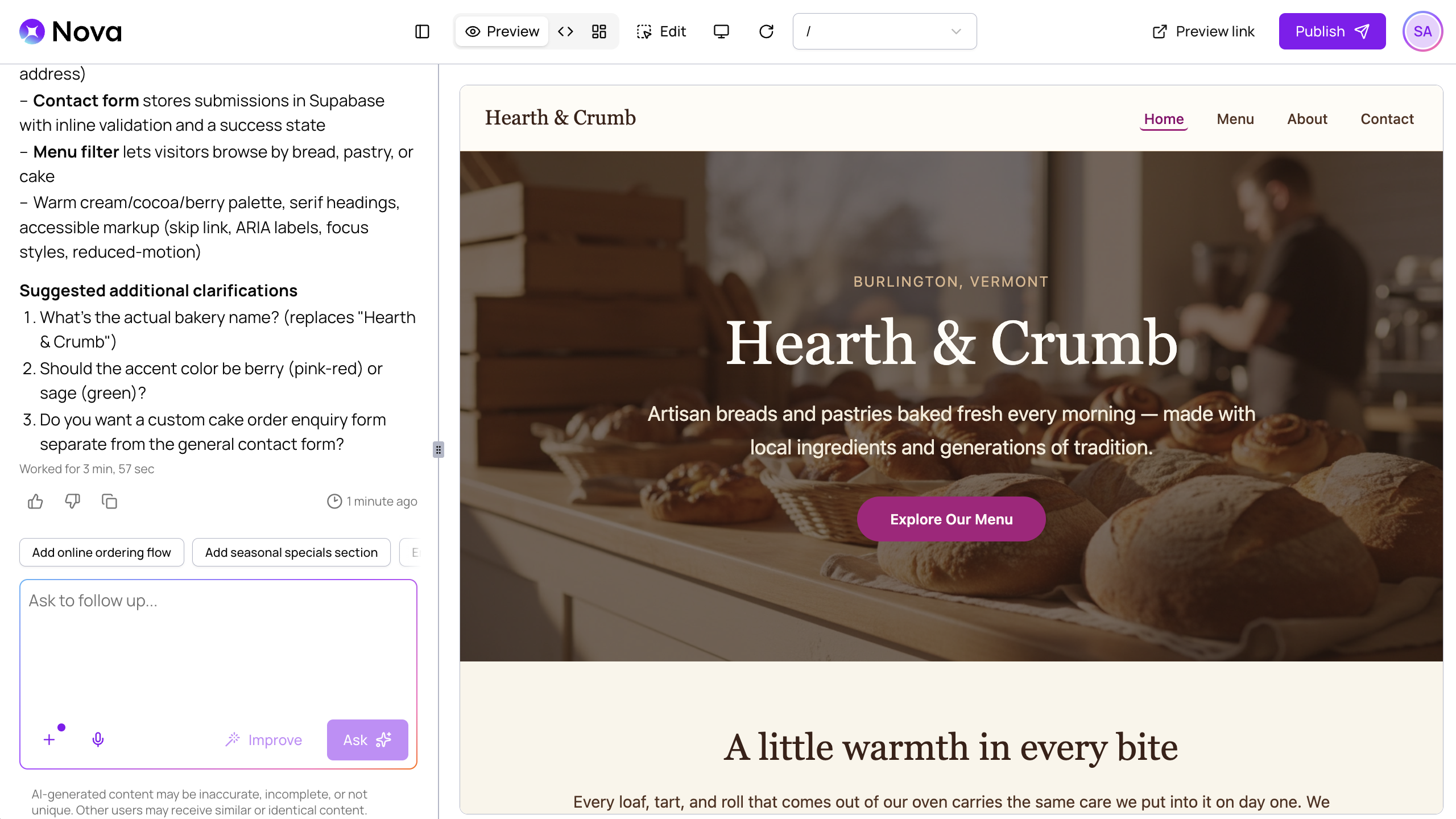 The preview panel showing the generated website