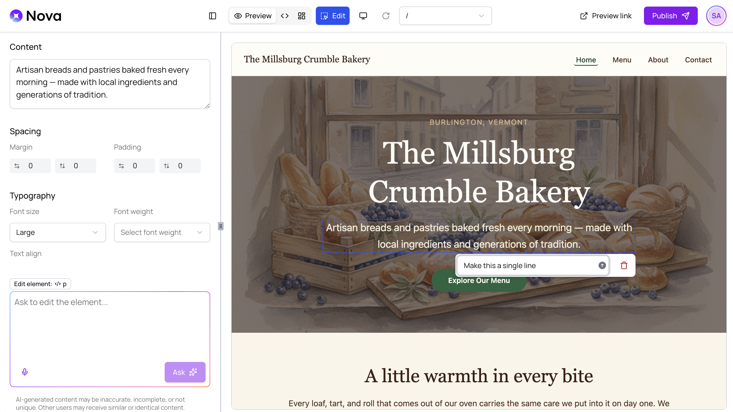 The style panel after selecting a text element