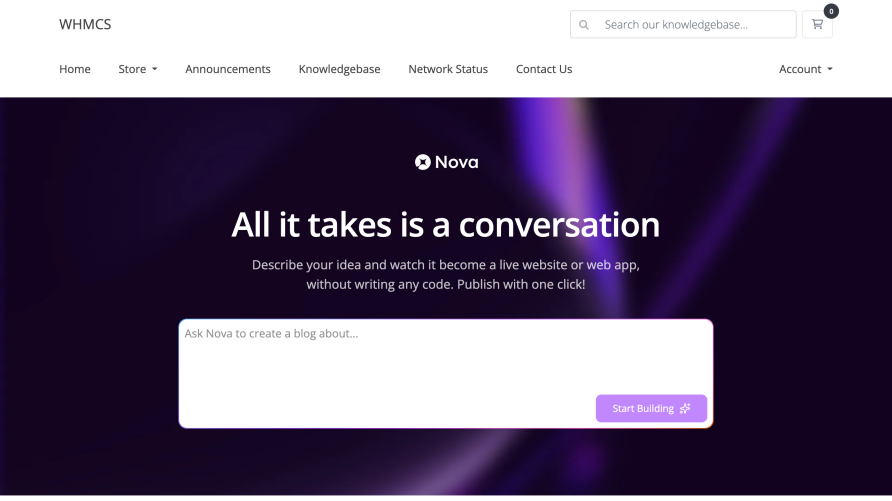 The Nova prompt text box in the Nova Experience on cPanel module's landing page